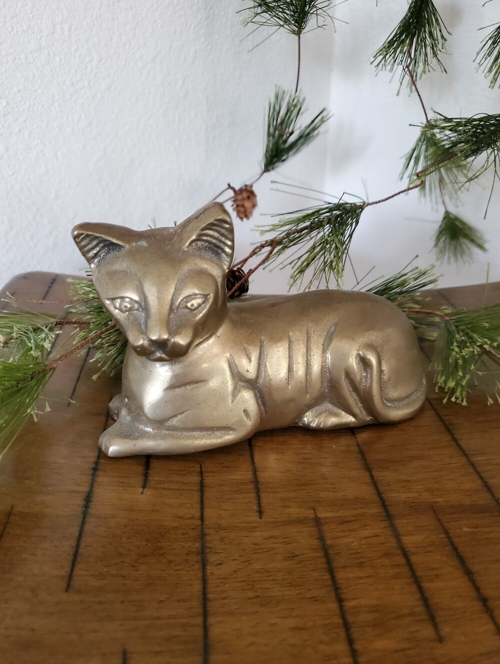 Vintage Solid Brass Crouching Cat Figurine Mid Century Modern MCM Decor